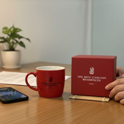 Cốc Sứ In Logo Bát Tràng Men Đỏ 300ml - Quà Tặng Doanh Nghiệp
