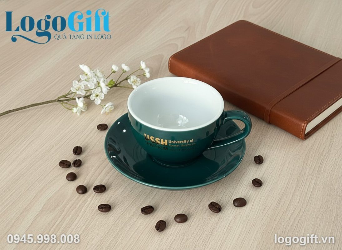 Tách sứ cafe Capuchino quà tặng in logo kèm đĩa men xanh 250ml LG-CS21