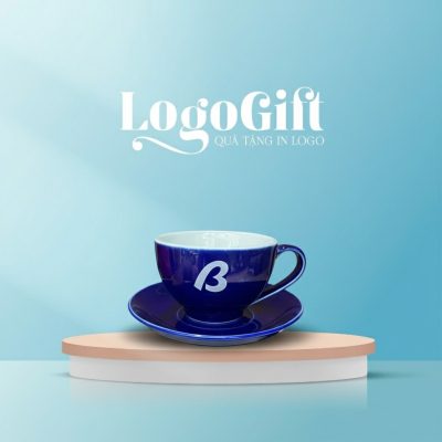 Tách sứ cafe kèm đĩa quà tặng in logo men xanh 220ml LG-CS18