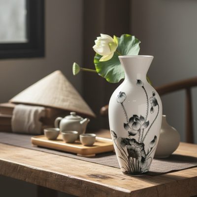 Bình hoa gốm sứ quà tặng in logo dáng thon cao vẽ sen đen LG-LH20