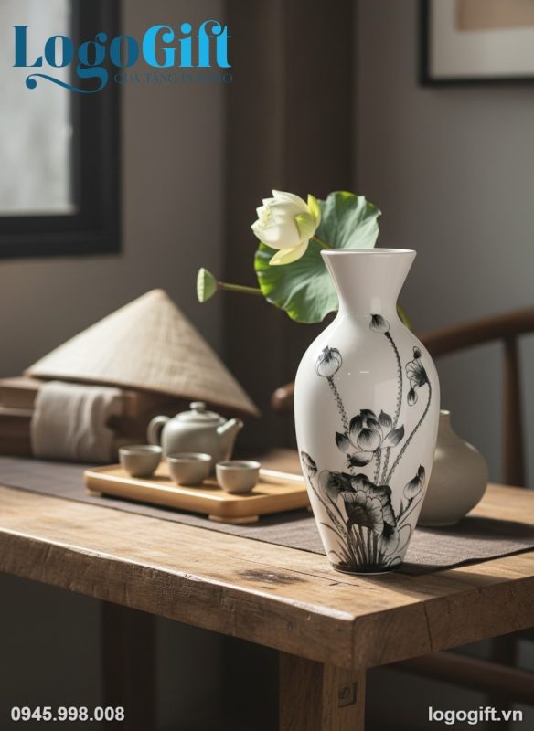 Bình hoa gốm sứ quà tặng in logo dáng thon cao vẽ sen đen LG-LH20