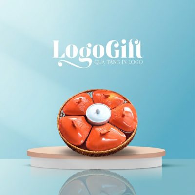 Bộ khay mứt quà tặng in logo 5 cánh đào men cam khay mây LG-KM09
