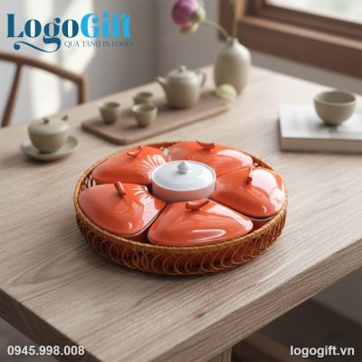 Bộ khay mứt quà tặng in logo 5 cánh đào men cam khay mây LG-KM09
