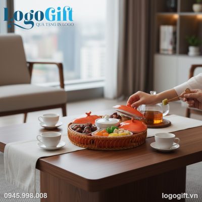 Bộ khay mứt quà tặng in logo 5 cánh đào men cam khay mây LG-KM09