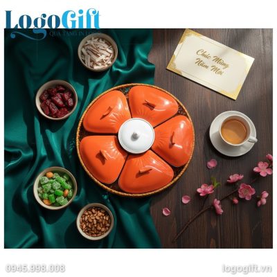 Bộ khay mứt quà tặng in logo 5 cánh đào men cam khay mây LG-KM09