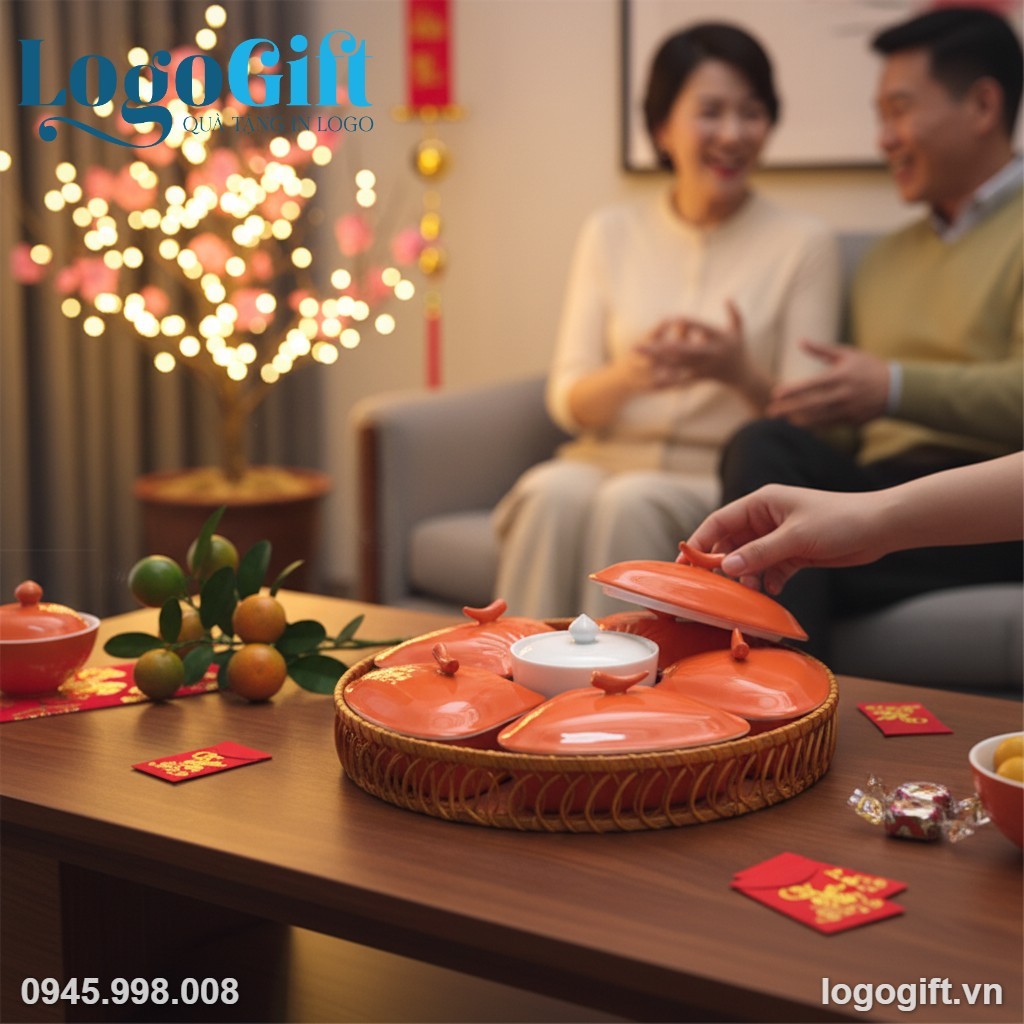 Bộ khay mứt quà tặng in logo 5 cánh đào men cam khay mây LG-KM09