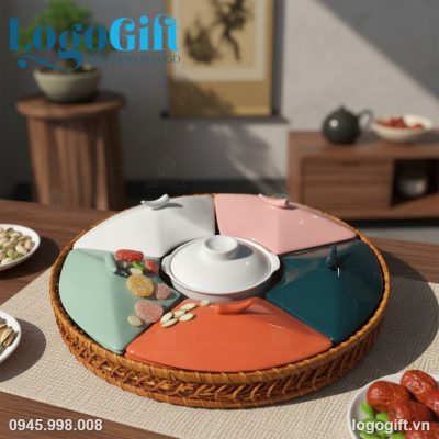 Khay mứt quà tặng in logo 5 cánh cát tường men màu LG-KM08