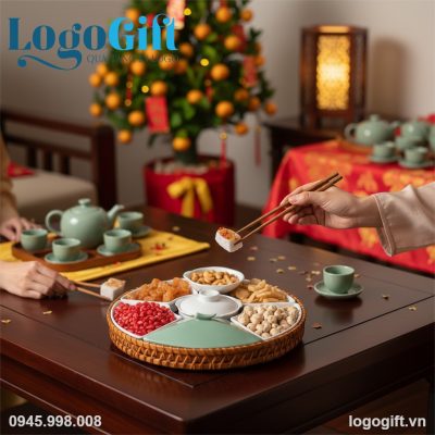 Khay mứt quà tặng in logo 5 cánh cát tường men màu LG-KM08