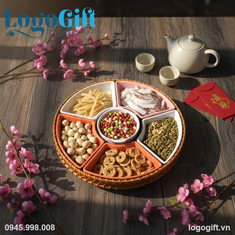 Khay mứt quà tặng in logo 5 cánh cát tường men màu LG-KM08