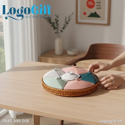 Khay mứt quà tặng in logo 5 cánh cát tường men màu LG-KM08