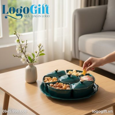 Khay mứt sứ Tết quà tặng in logo 5 cánh xanh cổ vịt LG-KM07