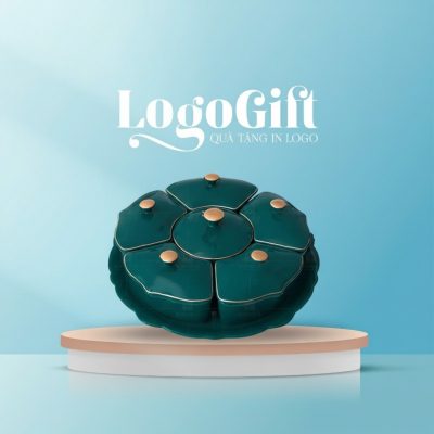 Khay mứt sứ Tết quà tặng in logo 5 cánh xanh cổ vịt LG-KM07