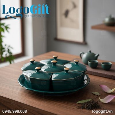 Khay mứt sứ Tết quà tặng in logo 5 cánh xanh cổ vịt LG-KM07