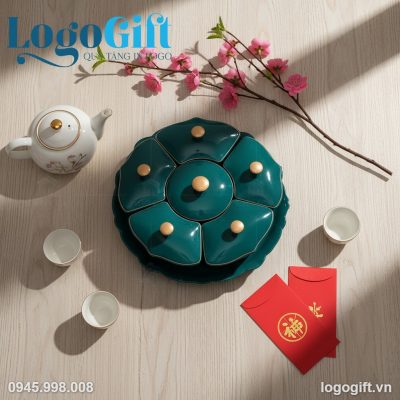 Khay mứt sứ Tết quà tặng in logo 5 cánh xanh cổ vịt LG-KM07