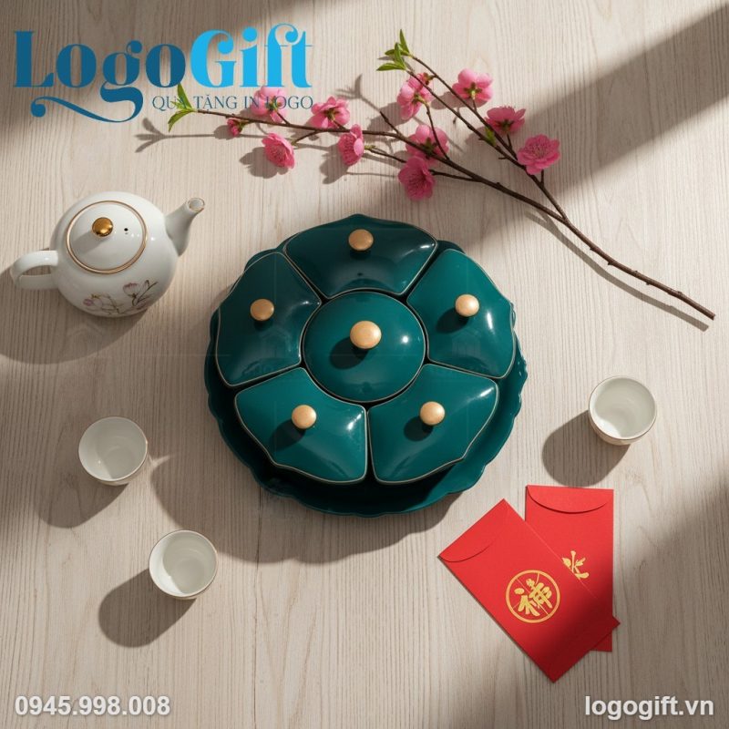 Khay mứt sứ Tết quà tặng in logo 5 cánh xanh cổ vịt LG-KM07