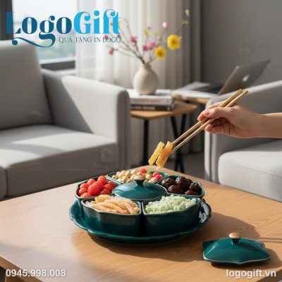 Khay mứt sứ Tết quà tặng in logo 5 cánh xanh cổ vịt LG-KM07