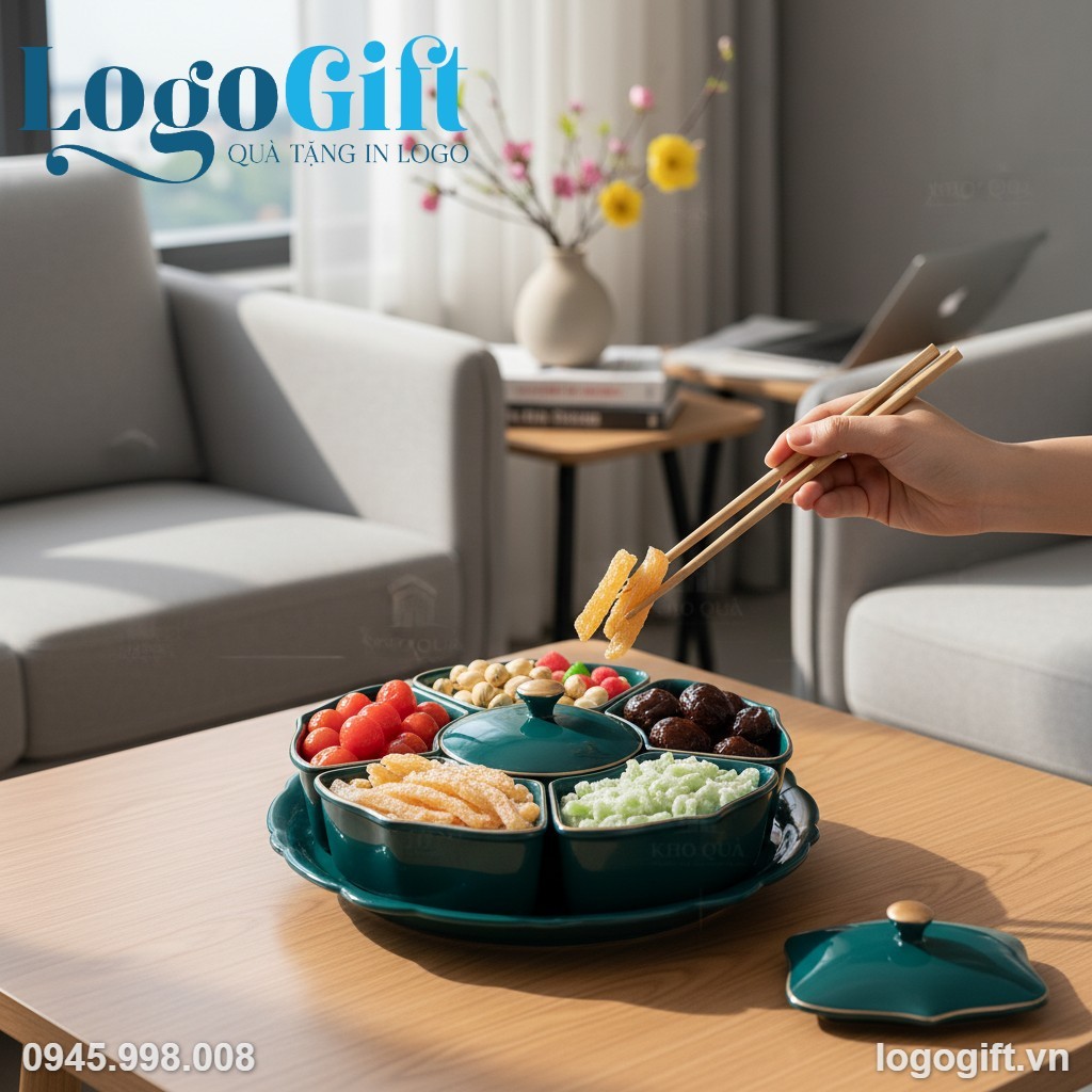 Khay mứt sứ Tết quà tặng in logo 5 cánh xanh cổ vịt LG-KM07