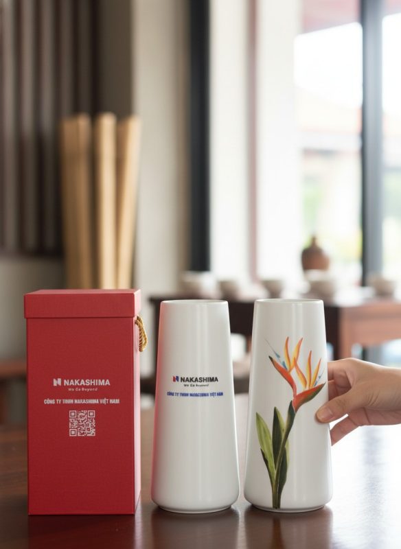 Lọ hoa gốm sứ quà tặng in logo búp măng vẽ hoa thiên điểu LG-LH21