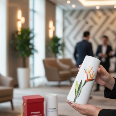 Lọ hoa gốm sứ quà tặng in logo búp măng vẽ hoa thiên điểu LG-LH21