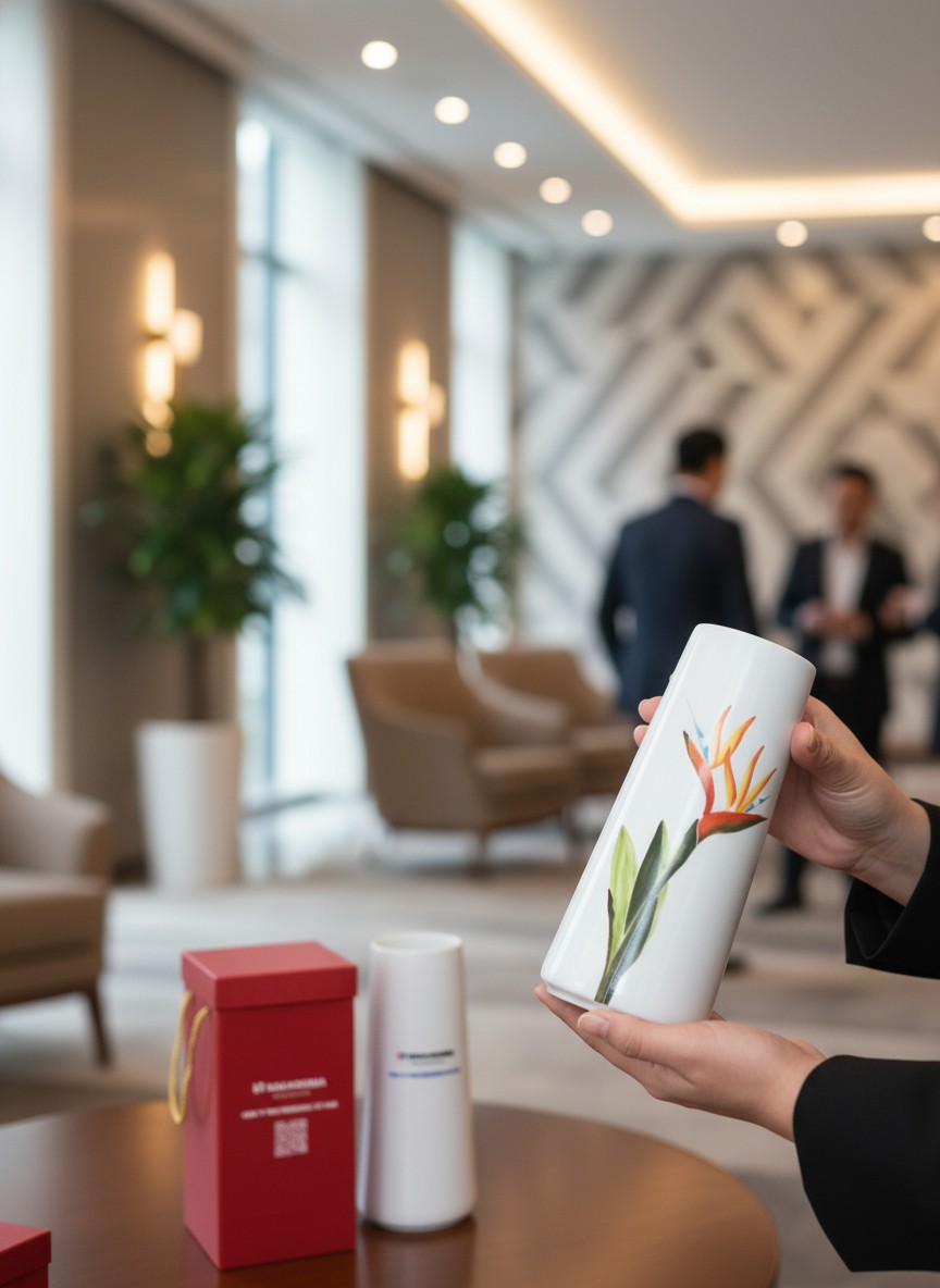 Lọ hoa gốm sứ quà tặng in logo búp măng vẽ hoa thiên điểu LG-LH21