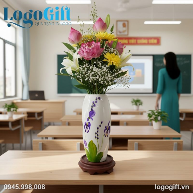 Lọ hoa gốm sứ in logo quà tặng Ngày Nhà Giáo dáng bom xoắn LG-LH19