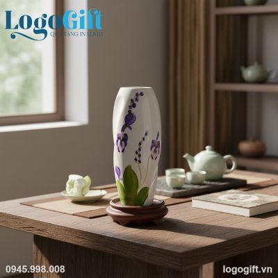 Lọ hoa gốm sứ in logo quà tặng Ngày Nhà Giáo dáng bom xoắn LG-LH19