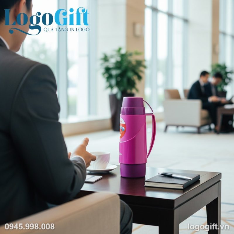 Phích giữ nhiệt quà tặng in logo Rạng Đông có quai cầm 450ml LG-PGN06