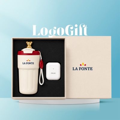 Bộ giftset quà tặng in logo 2 món gồm bình giữ nhiệt La Fonte và tai nghe bluetooth Akus LG-BGS23