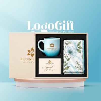 Bộ giftset quà tặng in logo 2 món gồm cốc sứ men hoả biến và khăn lụa LG-BGS24
