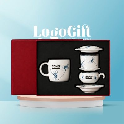 Bộ giftset quà tặng in logo 2 món gồm cốc sứ và bộ phin pha cafe gốm sứ hoạ tiết chuồn chuồn vẽ tay LG-BGS25