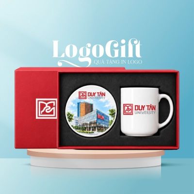 Bộ giftset quà tặng in logo 2 món gồm cốc sứ trắng và lót ly gốm sứ LG-BGS26