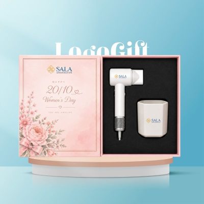 Bộ giftset quà tặng in logo 2 món gồm máy sấy tóc Elmich và cốc sứ đựng nến LG-BGS27