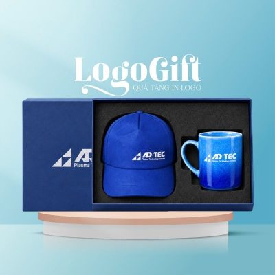 Bộ giftset quà tặng in logo 2 món gồm cốc sứ men hoả biến và mũ lưỡi trai LG-BGS28